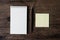 Top view image of blank notebook ,empty sticky note paper and pe