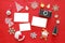 Top view image of christmas festive decorations next to old camera and empty photo frames. For photography and scrapbook montage