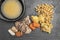 Top view image of cocido madrileÃ±o with its three dumps, cocido soup, chickpeas with potatoes and vegetables, beef, chorizo and