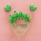 Top view image of funny party head glitter accessory with hearts. Flat lay. Purim celebration concept