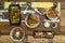 Top view image of Korean food dishes, assorted ramen and sushi with sashimi