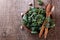 Top view image of leafy green mix of kale, spinach, baby beetroo