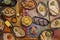 Top view image of set of Mexican food dishes mango salads, quesadillas,