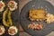 Top view image of Venezuelan patacones and arepas with coleslaw, pico de gallo, fresh cheese, parsley