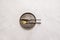 Top view image of vintage metal plate with golden cutlery with black handles