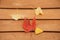 Top view image of Yellow ginkgo biloba leaves and red maple leaves at wooden bench chair