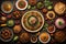 Top view of Indian food on wooden table. Assorted Indian dishes. ai generated