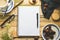 Top view of a inspirational background. Wooden desktop with a white notepad paper with a pen next to a coffee cup.