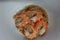 Top view instant noodles with boiled shrimp, popular Asian food concept.