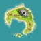 Top view islands with volcano. View from a height on a tropical island in the ocean. Vector cartoon tropical paradise