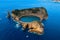 Top view of Islet of Vila Franca do Campo is formed by the crater of an old underwater volcano near San Miguel island.