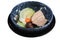 Top view of Isolated Pressure cooker pork belly Kakuni with cabbage, Japanese scallion, shiitake, carrot served in blue ceramic.