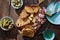 Top view Italian snacks Bruschetta on wooden table close up