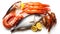Top view of japanese fresh fishes and crustacean on white background. Generative Ai