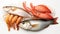 Top view of japanese fresh fishes and crustacean on white background. Generative Ai