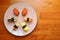 Top view of japanese sushi on colourful plate