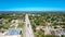 Top view Kimball Avenue toward Grapevine Lake, Texas separating the residential area and commerical park