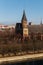 Top view of the Konigsberg Cathedral in Kaliningrad. Central clock tower rises on the trees