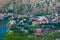 Top view of Kotor city at Boka Kotorska Bay at sunset from Vrmac mountain. Adriatic Sea. Dalmatia. Balkan. Montenegro