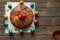 Top view of kozunak Traditional Easter homemade sweet bulgarian bread and a circle colored eggs