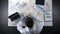 Top view of laboratory worker examining prepared sample under microscope