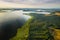 Top view of the lake Bolta in the forest in the Braslav lakes National Park, the most beautiful places in Belarus.An island in the