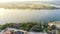 Top view Lake Granbury and Brazos River near historic downtown with waterfront residential and commercial properties