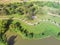 Top view lakeside urban green park with Yin Yang symbol in suburban Houston, Texas, USA