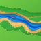 Top view landscape in paper cut style. Eco tourism 3d background with aerial view river green trees and kayak boat