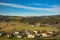 Top view landscape photography European highland village country side outskirts scenic space spring time houses in valley and