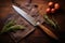 top view of a large chefs knife lodged into a rustic oak table