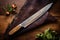 top view of a large chefs knife lodged into a rustic oak table