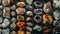 Top view of a large geological collection of semi-precious stones, stones and minerals. Dark background. Generative AI