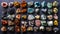 Top view of a large geological collection of semi-precious stones, stones and minerals. Dark background. Generative AI