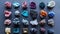 Top view of a large geological collection of semi-precious stones, stones and minerals. Dark background. Generative AI