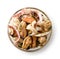 Top view of lass bowl with seafood mix