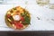 Top view of Leaf bowl with flowers and oil lamp floating on the Ganges river, Varanasi, Uttar Pradesh, India, Asia