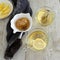 Top view of lemon tea glasses. Drinks flat lay. Seasonal break