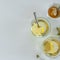 Top view of lemon tea glasses. Drinks flat lay. Seasonal break