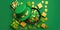 Top view leprechaun present boxes, pot with gold coins, bow-tie, shamrocks and confetti on isolated green background generative AI