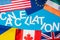 Top view of lettering cancellation near flags of countries