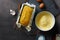 Top view loaf homemade corn bread dark background