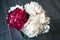 Top view on lush white and one pink peony on a gray wooden floor background. Beautiful bouquet as a gift on a happy holiday