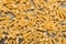 Top view of macaroni arranged on an interesting, textured background.