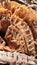 Top view macro closeup from rest of a banana trunk after cut looking out of the soil ground, here with details of the fibers,