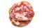 Top view macro detail of smoked salami slices, pepperoni slice, Italian prosciutto crudo ,raw ham texture isolated on white