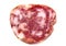 Top view macro detail of smoked salami slices, pepperoni slice, Italian prosciutto crudo ,raw ham texture isolated on white