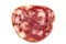 Top view macro detail of smoked salami slices, pepperoni slice, Italian prosciutto crudo ,raw ham texture isolated on white