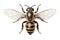 Top view macro honey bee with open wings isolated on cropped PNG transparent background. Generative AI