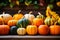 Top view many diversity vegetables whole orange green different pumpkin shapes Halloween background concept lantern